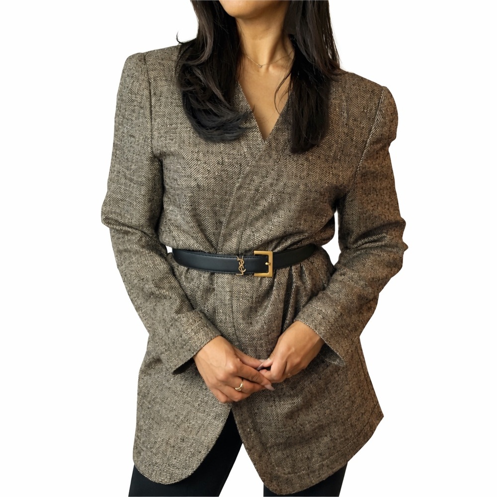 Vintage | 100% Silk Brown Collarless Blazer Jacket size M